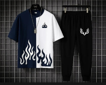 Mens 2pc  Micro Plain Premium Fire Printed Tracksuit (TROUSER+SHIRT)