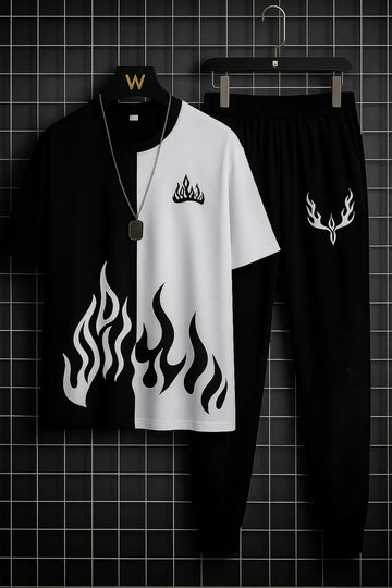 Mens 2pc  Micro Plain Premium Fire Printed Tracksuit (TROUSER+SHIRT)