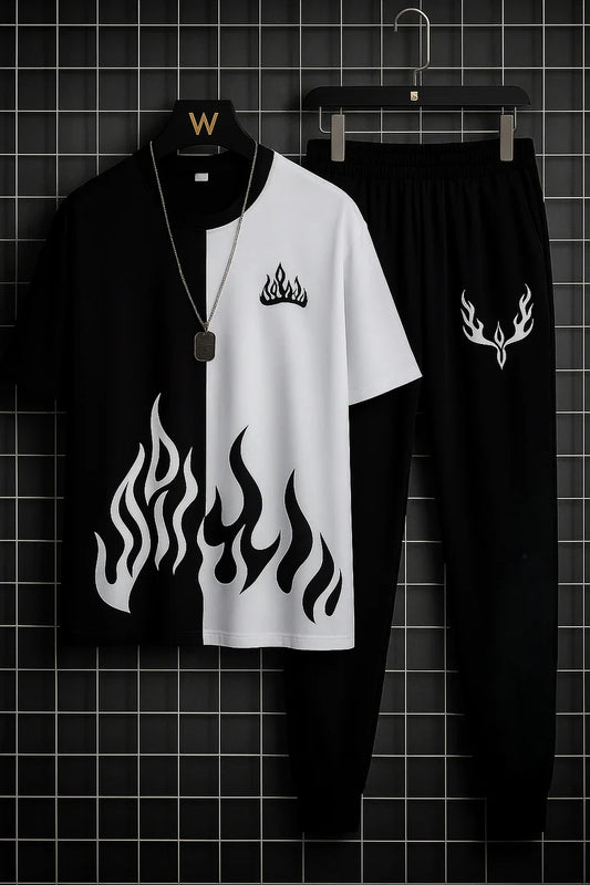 Mens 2pc  Micro Plain Premium Fire Printed Tracksuit (TROUSER+SHIRT)